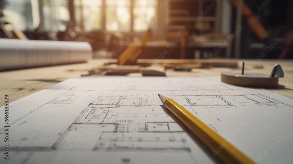 Aufkleber a workspace featuring architectural blueprints and drafting tools for design projects.
