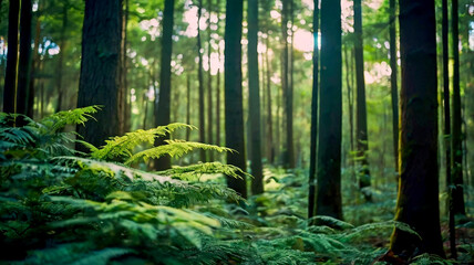 Obraz premium Blurred bokeh of a lush, green forest