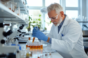 A lab technician in white coat and gloves is conducting an experiment with orange liquid in test tubes, amidst laboratory equipment, showcasing scientific research processes.