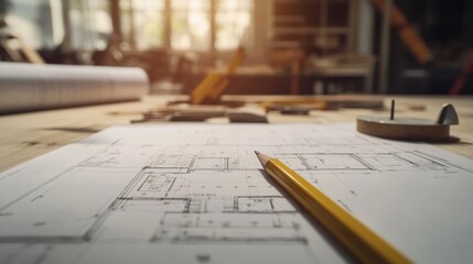 A workspace featuring architectural blueprints and drafting tools for design projects.