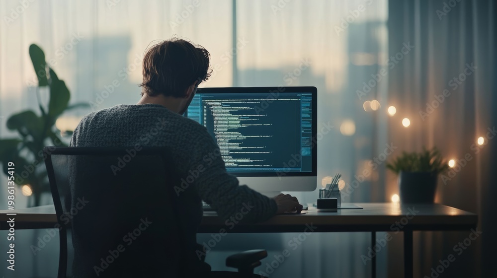 Poster Male coder typing on a large desktop monitor in a home office setting during the early morning. Dim lighting focused on software development.