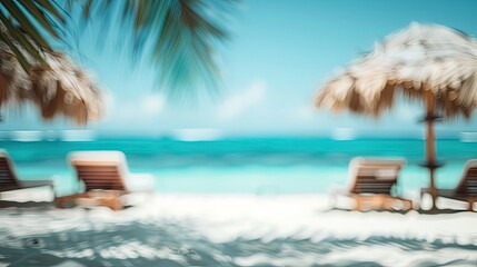 Blurred wallpaper of a summer beach resort featuring cabanas ocean and blue sky