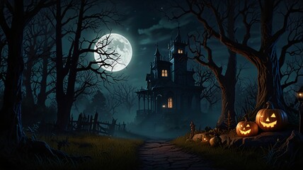 Halloween background featuring a spooky forest, a haunted mansion, and a full moon, perfect for Halloween background