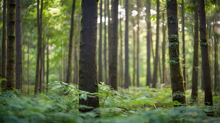 Obraz premium Blurred bokeh of a lush, green forest