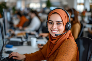 Muslim woman working at call center