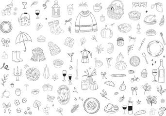 Minimalist hand drawn autumn doodle, simple outline hygge icons. Seasonal objects like cozy clothing, pumpkins, fall foods, drinks perfect for prints, cards, logo. 