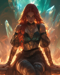 fire genasi mage conjuring flames with radiant crystals