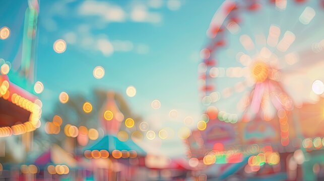 Blurred summer amusement park with softened roller coasters and Ferris wheel