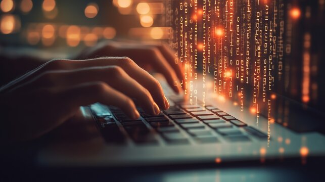 Close-up of hands typing on a laptop in a coding environment with warm ambient glow. Represents programming and software development.