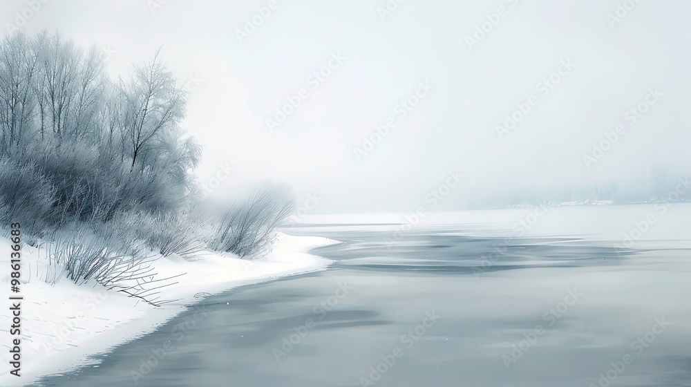 Canvas Prints Blurred frozen lakeside with softened snow-covered banks under overcast sky