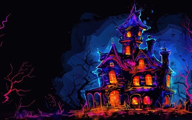 Dark scary street with ancient houses and tree, Halloween background