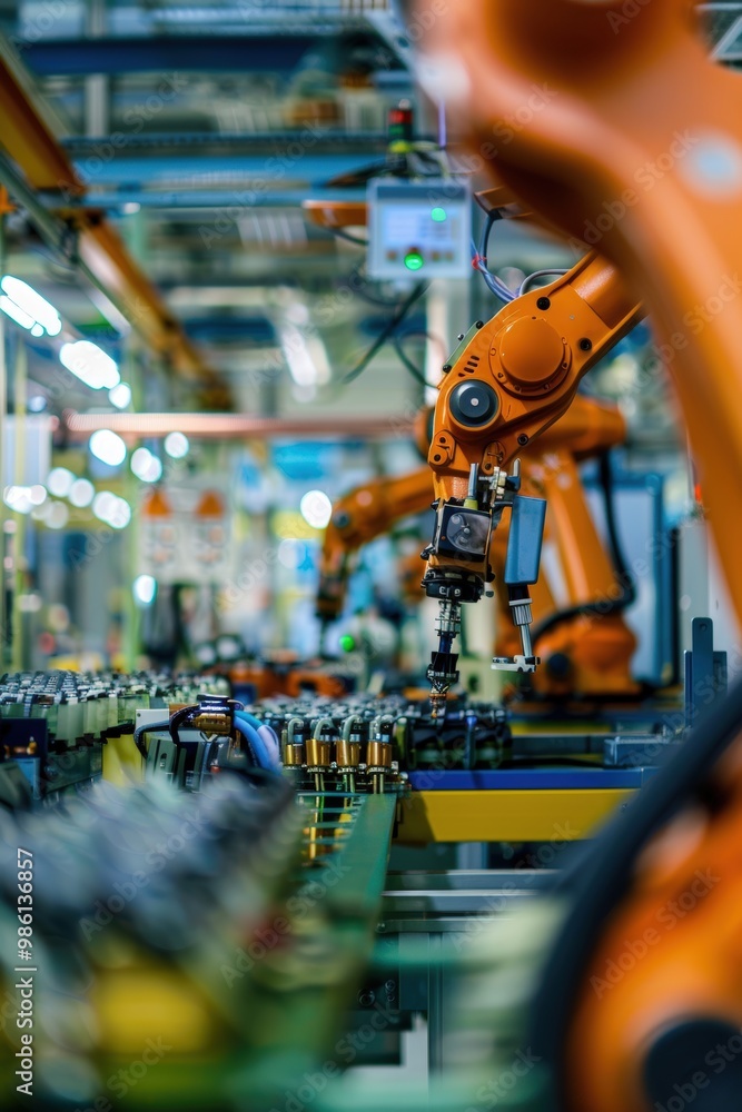 Poster automated factory with energy efficient machinery and robotics for high-tech manufacturing