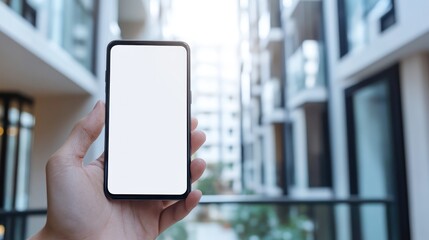 A hand holding a smartphone with a blank screen in a modern architectural setting.