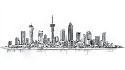 Astana, Kazakhstan, black and white pen pencil hand-drawn effect drawing illustration for travel poster, card, wallpaper, backdrop or banner. Modern, clear, artistic and simple