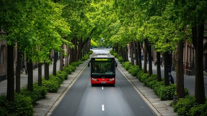 Obraz premium Closeup of a hybrid bus driving through a treelined street, symbolizing the shift towards green energy in urban transit systems Hybrid bus, Green energy