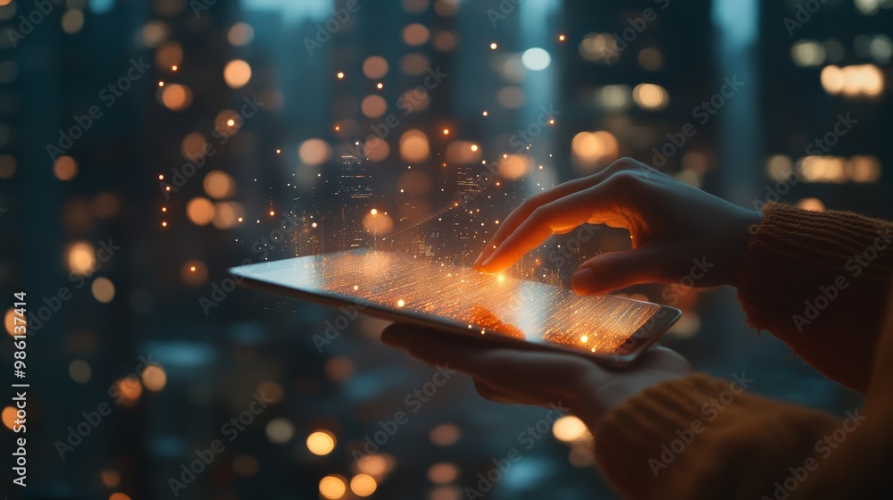 Poster hands interacting with glowing tablet interface against a backdrop of city lights, symbolizing digit
