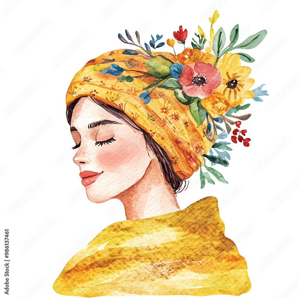 Canvas Prints Watercolor illustration of a woman with closed eyes and a flower crown.