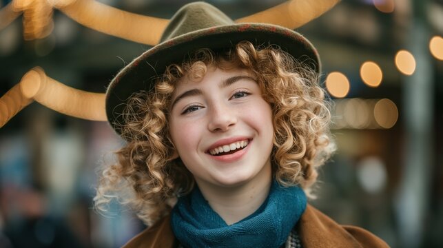 A young person expresses happiness while celebrating Hanukkah among lively holiday decorations