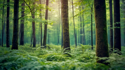 Fototapeta premium Blurred bokeh of a lush, green forest