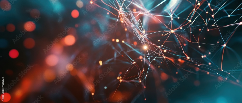 Poster abstract digital network with glowing nodes and connections representing data flow.