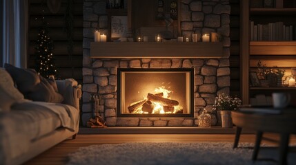 Cozy living room with fireplace, a sofa, and Christmas tree.