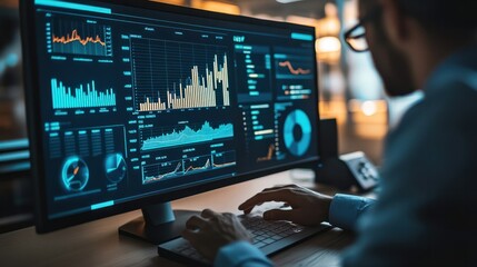 analyst uses computer and dashboard for data business analysis and Data Management System with KPI and metrics connected to the database for technology finance, operations, sales, marketing