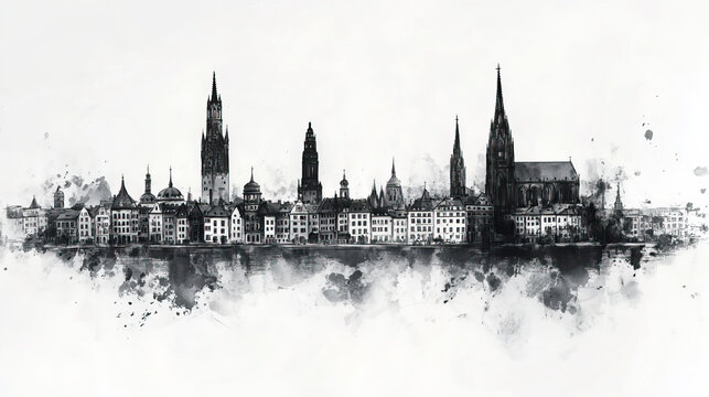 Augsburg, Germany, black and white pen pencil hand-drawn effect drawing illustration for travel poster, card, wallpaper, backdrop or banner. Modern, clear, artistic and simple