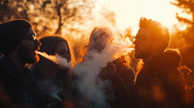 Four friends are vaping outside at sunset, enjoying the fresh air and each other's company
