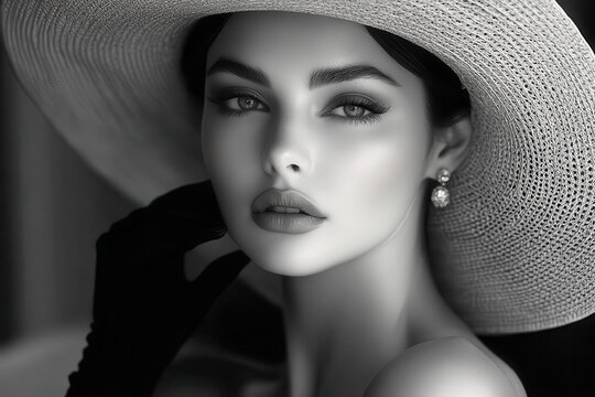 timeless elegance statuesque woman in flowing black and white gown dramatic widebrimmed hat and long gloves chiaroscuro lighting creates a striking film noirinspired portrait
