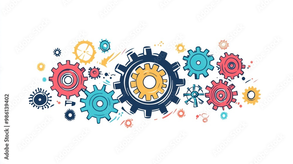 Poster a colorful arrangement of gears representing mechanics and engineering concepts.