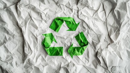 Green recycle symbol on crumpled white paper.