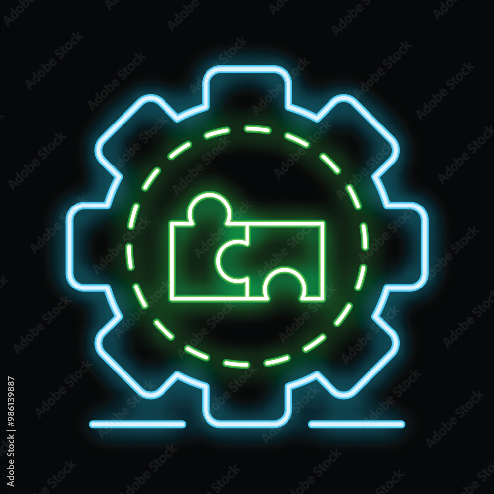 Poster neon icon showing a gear with puzzle pieces, symbolizing the concept of problem solving