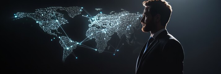 Businessman standing confidently in front of a digital world map with interconnected nodes. Leadership and global communication concept.