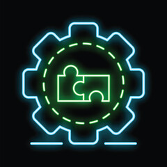 Neon icon showing a gear with puzzle pieces, symbolizing the concept of problem solving
