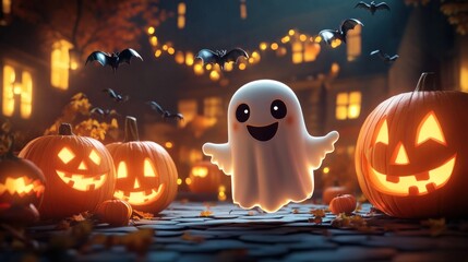 A happy ghost smiles next to jack-o'-lantern pumpkins on a cobblestone path at night.