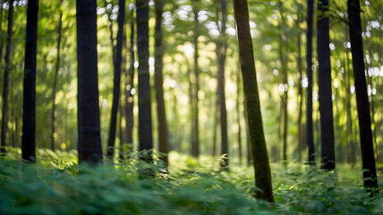 Obraz premium Blurred bokeh of a lush, green forest