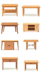 Set of vector illustrations of different wooden tables, desks, and cabinets isolated on a white background. Flat cartoon design.