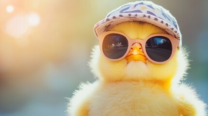 A cute yellow chick wearing a pink hat and sunglasses, looking cool in the sun.
