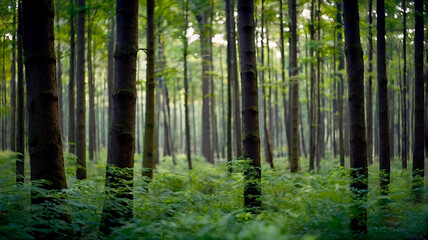 Naklejka premium Blurred bokeh of a lush, green forest