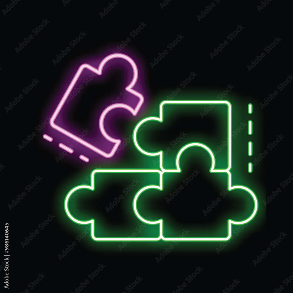 Poster glowing neon puzzle pieces coming together on a dark background representing problem solving