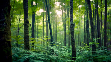 Blurred bokeh of a lush, green forest