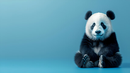 Obraz premium Adorable Panda Sitting Against a Blue Background, Capturing the Cuteness and Playfulness of This Beloved Endangered Animal, Symbolizing Wildlife Conservation and Nature’s Gentleness