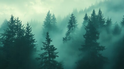 Coniferous forest, misty veil. Generative AI