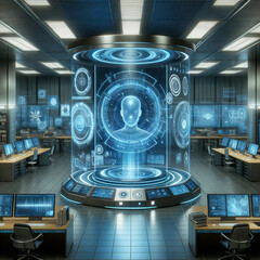 A futuristic control room with a large blue circle displaying a man's face, surrounded by computers and glowing lights.