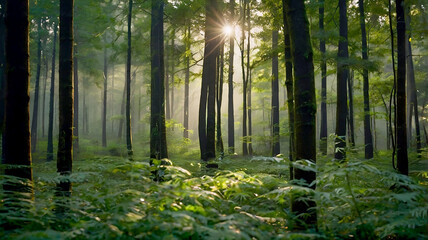 Obraz premium Blurred bokeh of a lush, green forest