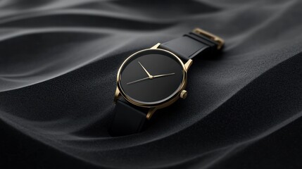 Black and gold wristwatch with leather strap on a textured black background.