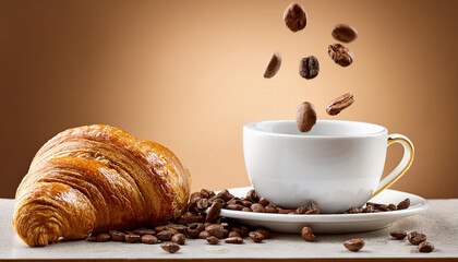 Fresh croissants, aromatic coffee and roasted beans in air on beige background