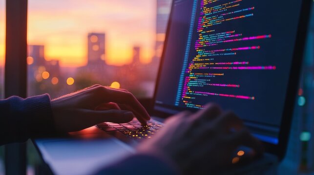 Software engineer coding on a laptop with colorful code lines at sunset. Concept for programming and IT.