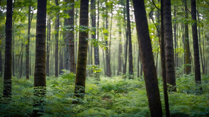 Obraz premium Blurred bokeh of a lush, green forest