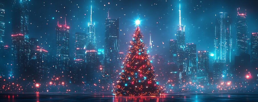 AIgenerated Christmas tree with smart ornaments that change color and design, futuristic cityscape in the background, sharp neon blue and red lighting, digital art